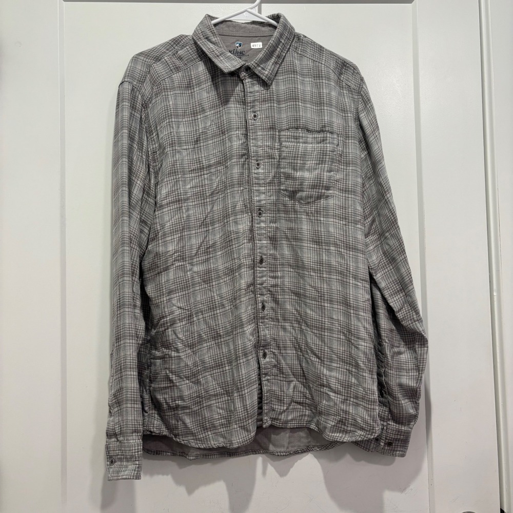 KUHL Mens Large Grey Plaid Long Sleeve Button Down Shirt Outdoor Hiking Casual